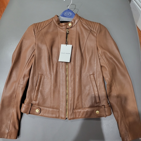 Cole Hann Caramel Brown Leather Moto Jacket Snap Button Neck - Picture 6 of 11